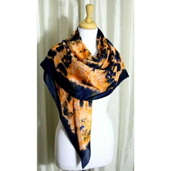 44"x45" BLUE ORANGE WHITE ARTWORK HANDROLLED 100%SILK WOMEN'S SCARF SHAWL WRAP - Picture 2 of 5
